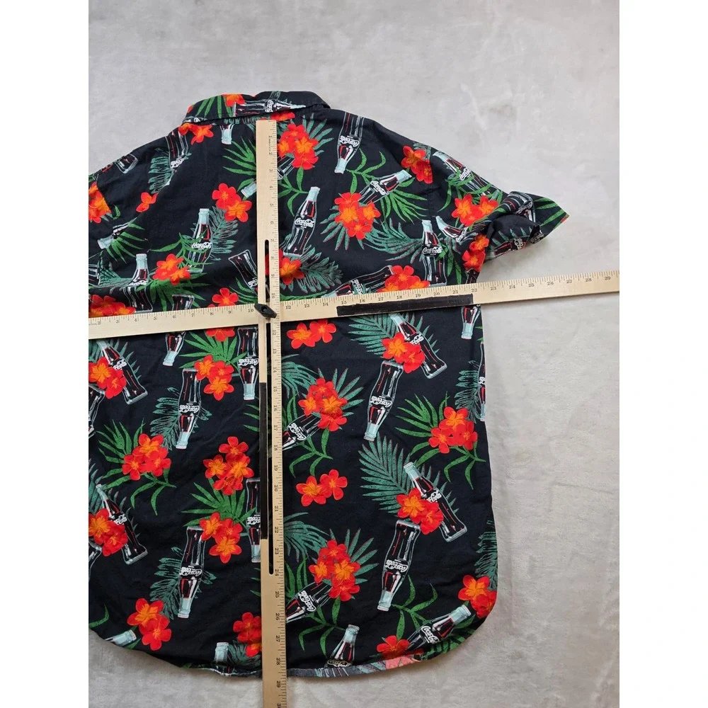 Coca-Cola Camp Shirt Mens Large Black Tropical Aloha Floral Button Vintage